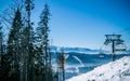 Picturesque panorama of the Carpathian Mountains and a ski lift. Winter holidays in the mountains Royalty Free Stock Photo